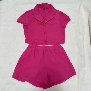 2 piece Hot pink fuchsia short sleeve cropped blouse and shorts